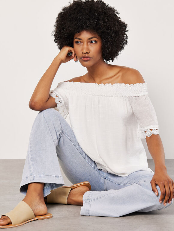 Crochet Lace Trim Bardot Top, Cream, large