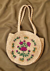 Floral Embroidered Round Straw Bag, Stone, large