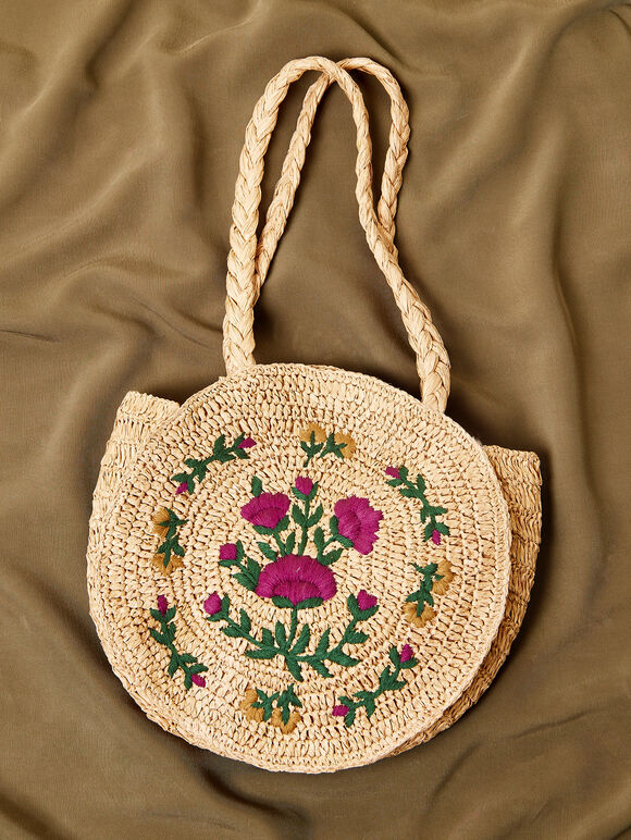 Floral Embroidered Round Straw Bag, Stone, large