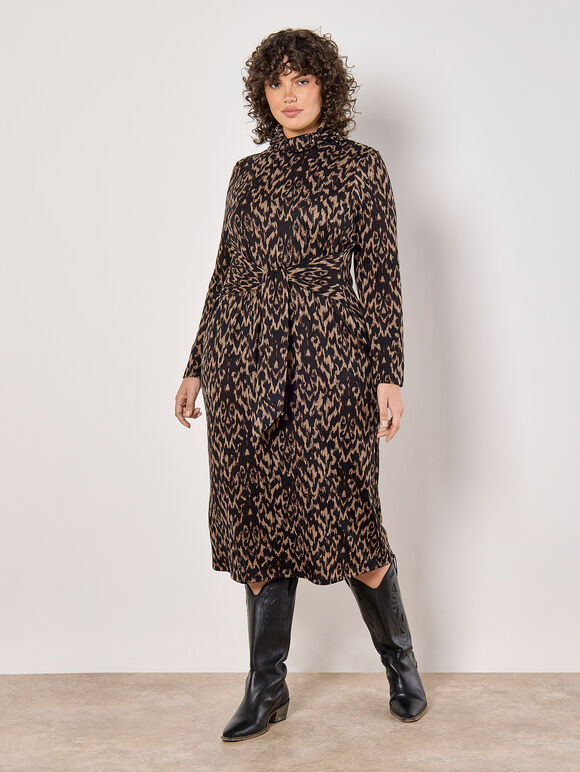 Curve Abstract Print Soft Knit Midi Dress, Brown, large