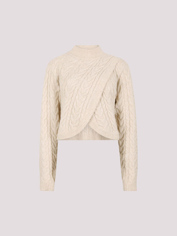 Cable Knit Wrap Jumper, Stone, large