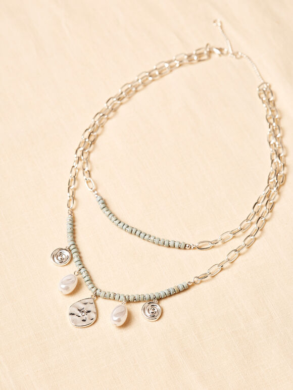 Beaded Statement Collar Necklace, Silver, large