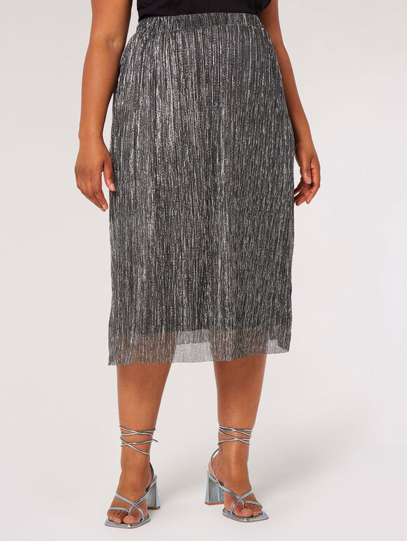 Lurex Plisse Midi Skirt, Light Grey / Silver, large