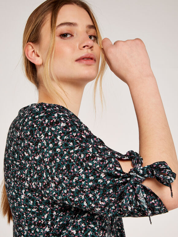 Ditsy Floral Tie Sleeve Top, Green, large