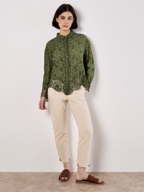 Textured Cotton Floral Crochet Blouse, Khaki, large
