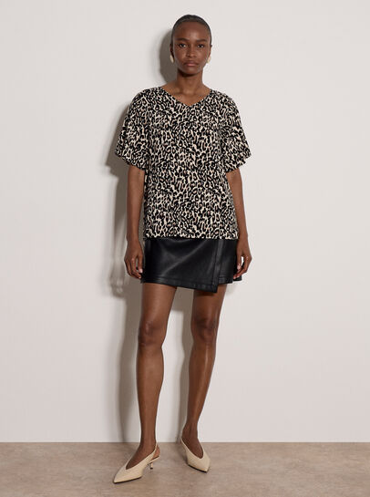 Button Back Animal Print Woven T-Shirt
