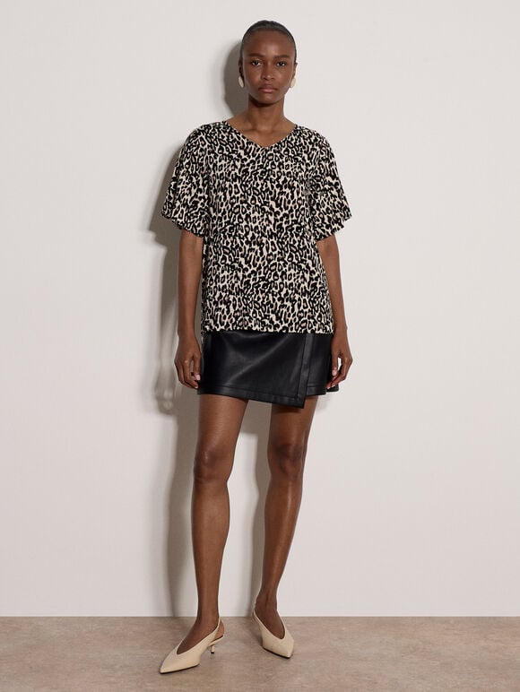 Button Back Animal Print Woven T-Shirt, Stone, large