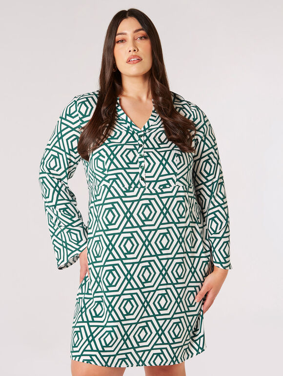 Curve Retro Geo Mini Dress, Green, large