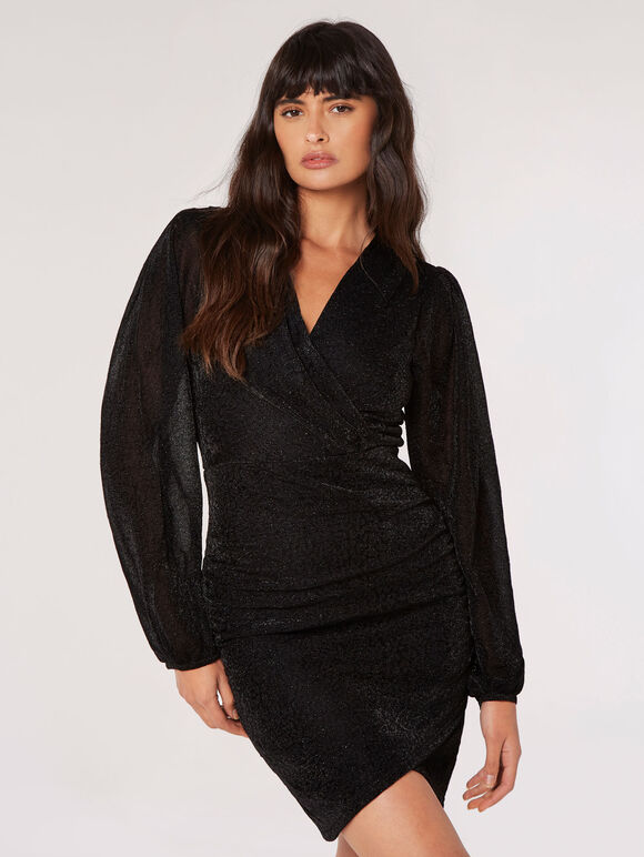 Sparkle Wrap Mini Dress, Black, large