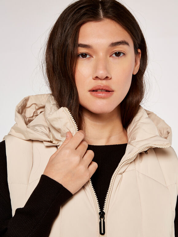 Hooded Zip Puffer Gilet, Stone, large