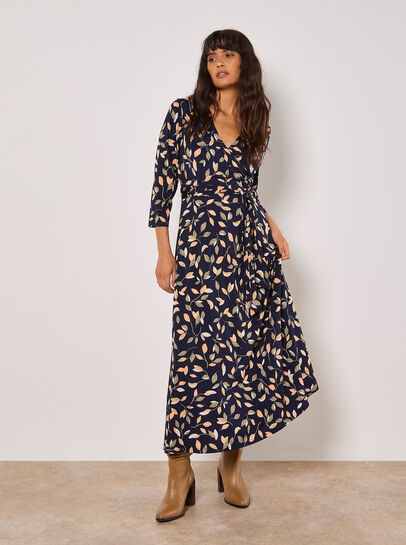 Leaf Print Wrap Maxi Dress