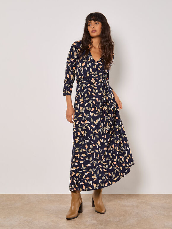 Leaf Print Wrap Maxi Dress, Navy, large