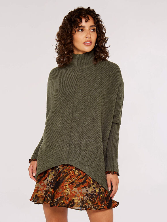 High-Low Mock Neck Chunky Jumper, Khaki, large