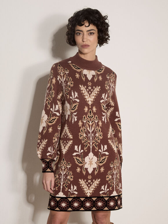 Folk Floral Mini Jumper Dress, Brown, large