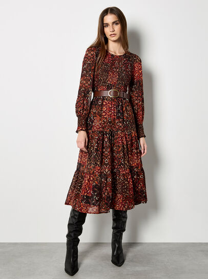 Ikat Patchwork Smocked Chiffon Midi Dress