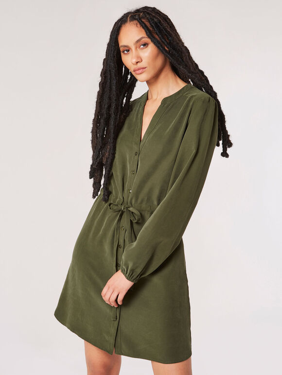 Twill Shirt Mini Dress, Green, large