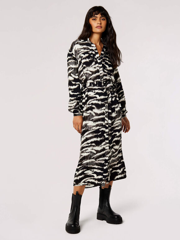 Zebra Shirt Midi Dress, Black, large