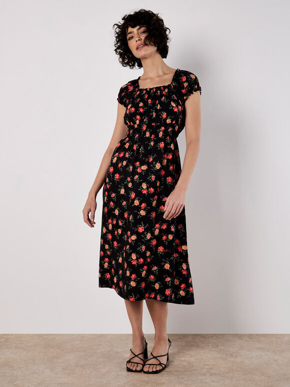 Vintage Rose Milkmaid Midi Dress, Black, large