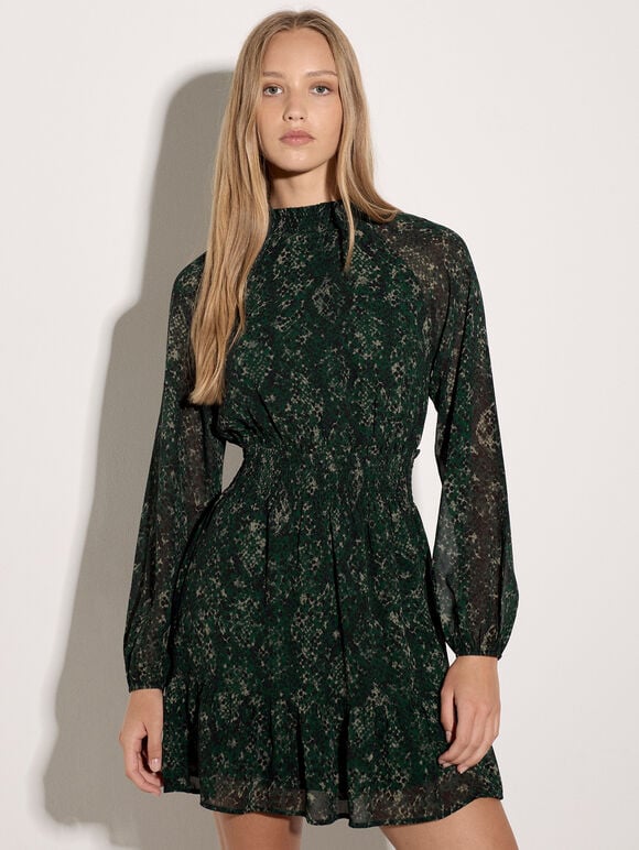 Snakeskin Chiffon Mini Dress, Khaki, large
