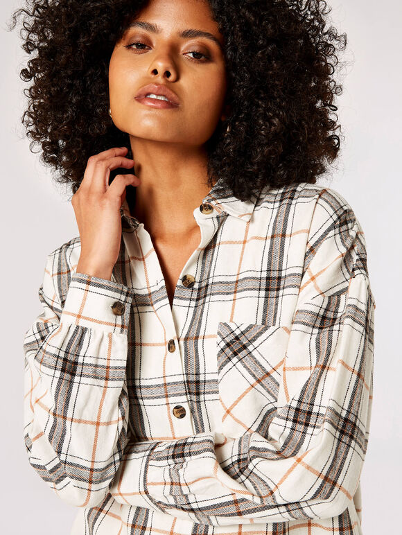 Oversized Cotton Check Shirt, White, large
