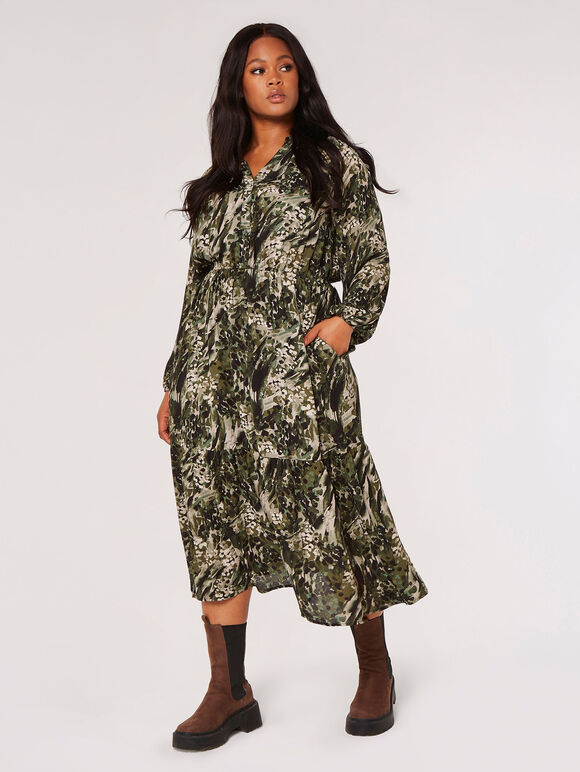 Curve Meadow Textured Midi Dress, Khaki, large