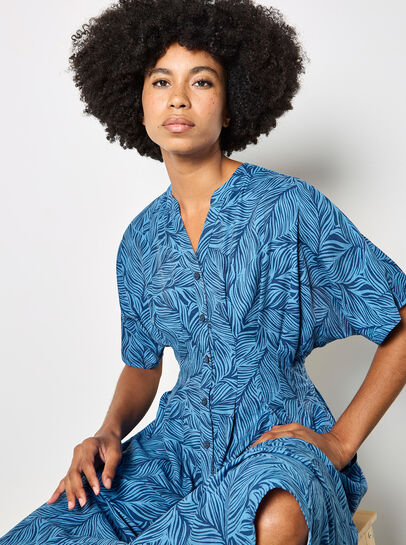 Leaf Print Shirt Midi Dress