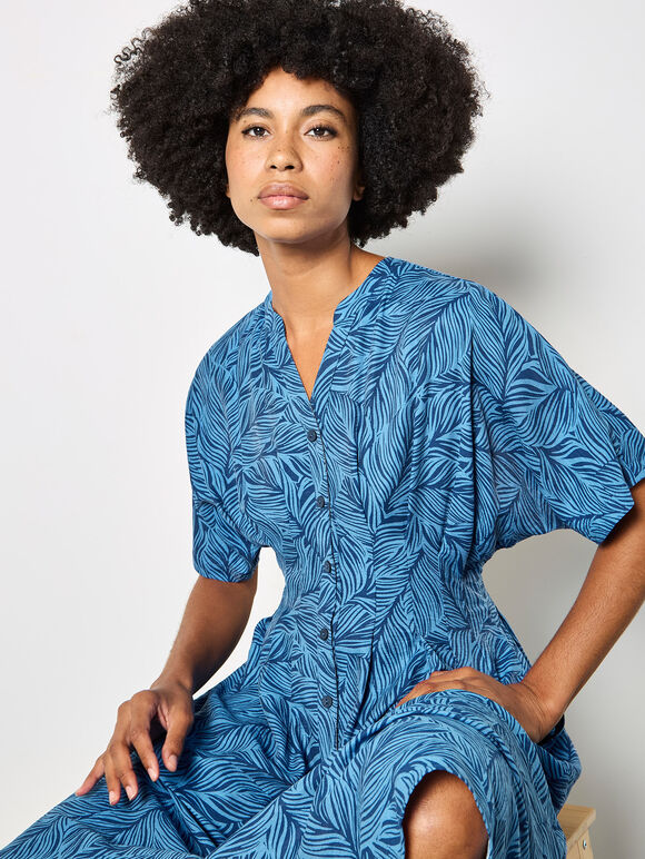 Leaf Print Shirt Midi Dress, Blue, large