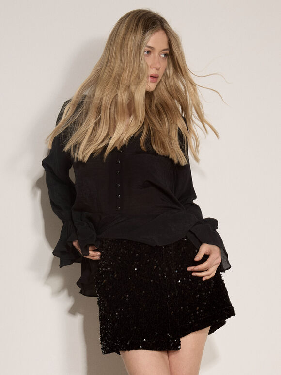 Velvet Sequin Mini Skort, Black, large