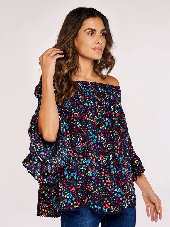 Ditsy Spray Bardot Top, Navy, large