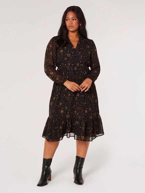 Curve Constellation Ruffle Midi Dress, Black, large