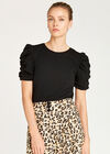 Round Neck Ruched Sleeve Top, Black, large