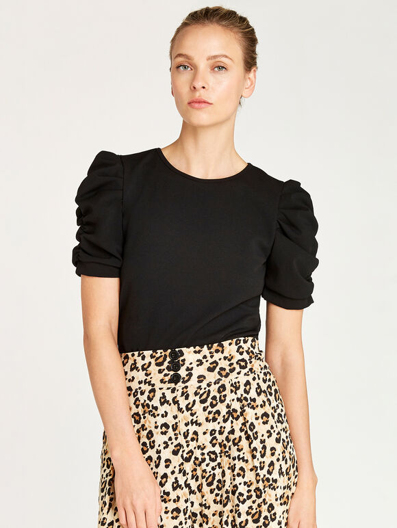 Round Neck Ruched Sleeve Top, Black, large