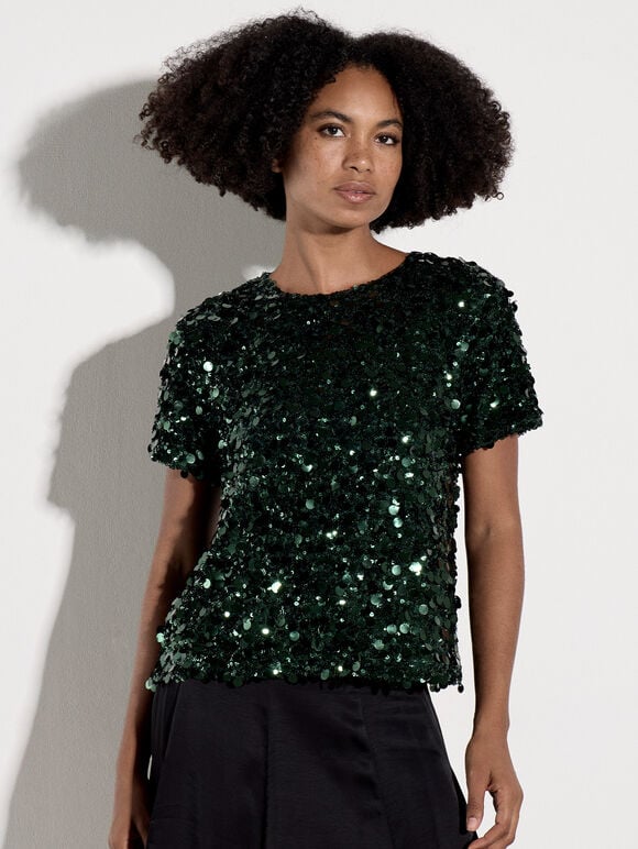 Multi Sequin Boxy Top, Green, large