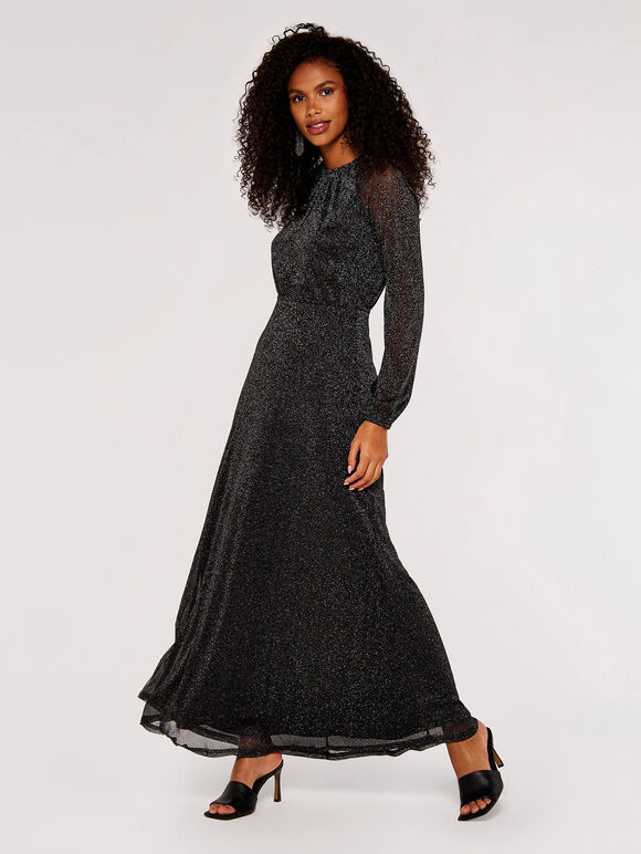 Metallic Mesh Maxi Dress, Black, large
