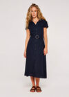 Linen Blend Belted Shirt Midi Dress, Navy, large