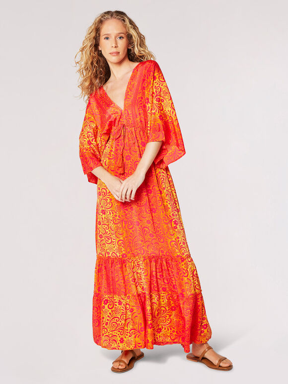 Floral Satin Kimono Maxi Dress, Orange, large