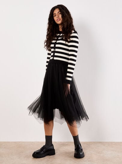 Stripe Knit Bodice Tulle Midi Dress