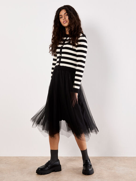 Stripe Knit Bodice Tulle Midi Dress, Black, large