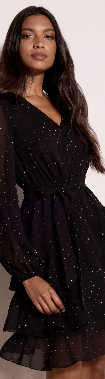 Diamante Embellished Chiffon Tiered Mini Dress