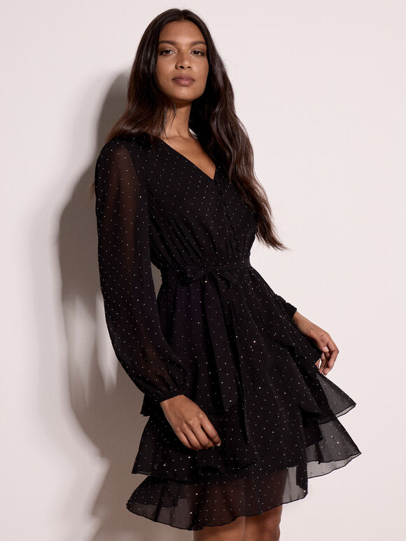 Diamante Embellished Chiffon Tiered Mini Dress, Black, large