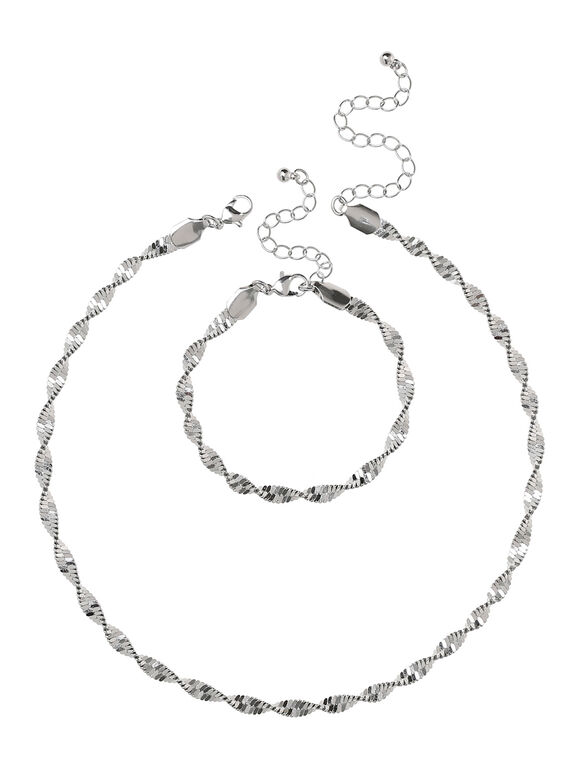 Twisted Necklace & Bracelet Set, Light Grey / Silver, large