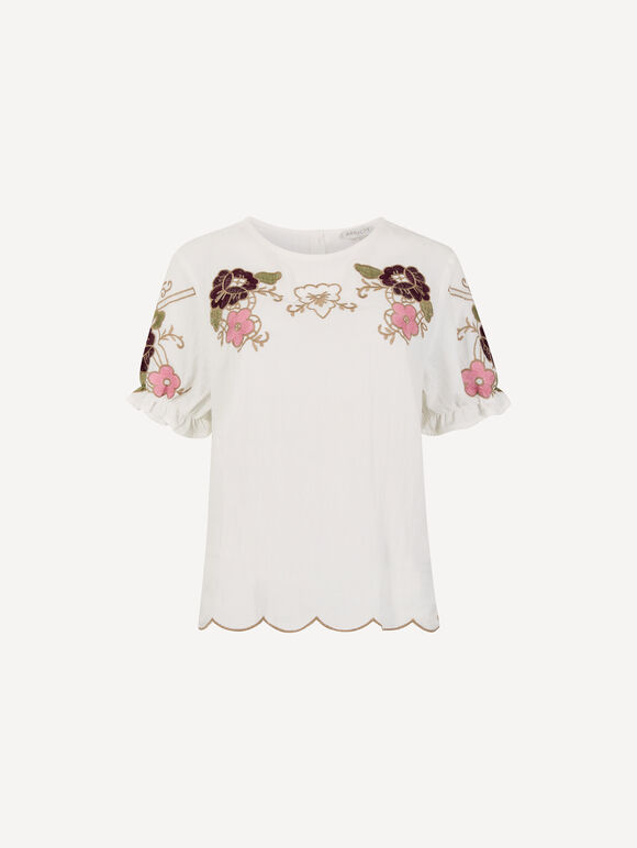 Floral Embroidered Ruffle Sleeve Cotton Top, White, large