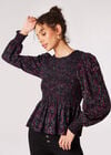 Paisley Puff Sleeve Smocked Top, Black, large