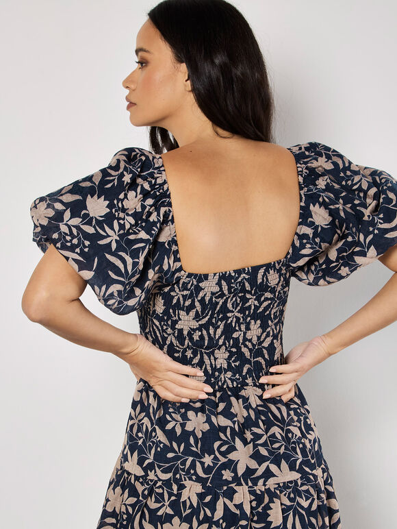 Sarasa Floral Tiered Midi Dress, Navy, large