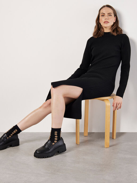 Ribbed Knit Gold Button Midi Dress, Black, large