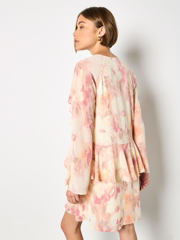 Floral Chiffon Ruffle Mini Dress, Pink, large