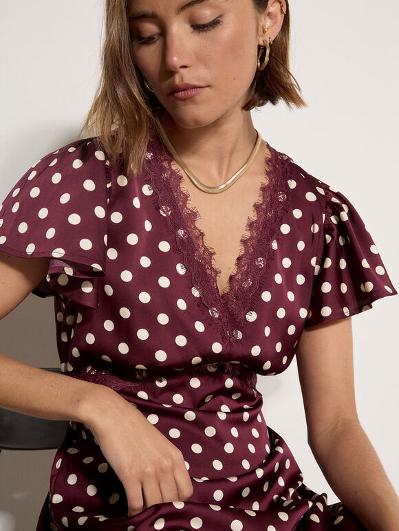 Polka Dot Satin Midi Dress, Plum, large