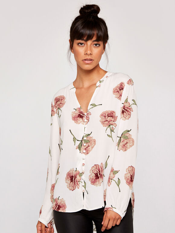 Peony Print Mandarin Collar Top, Cream, large
