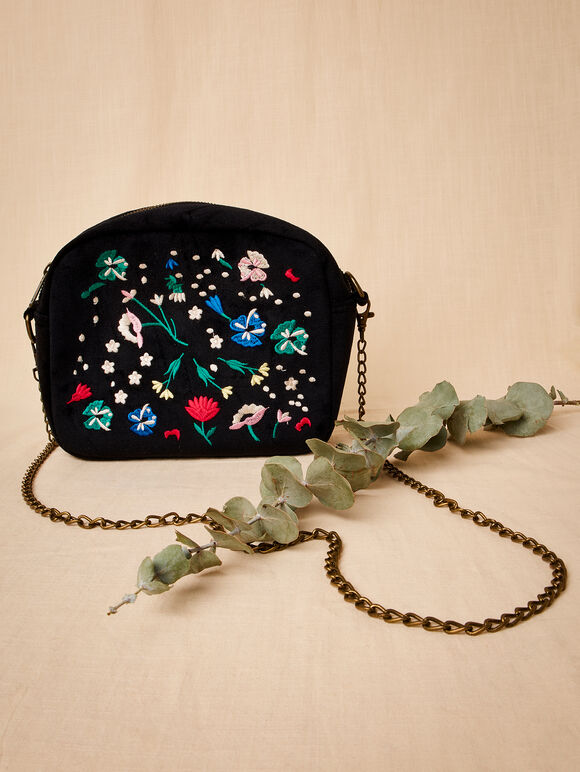Floral Embroidered Velvet Bag, Black, large