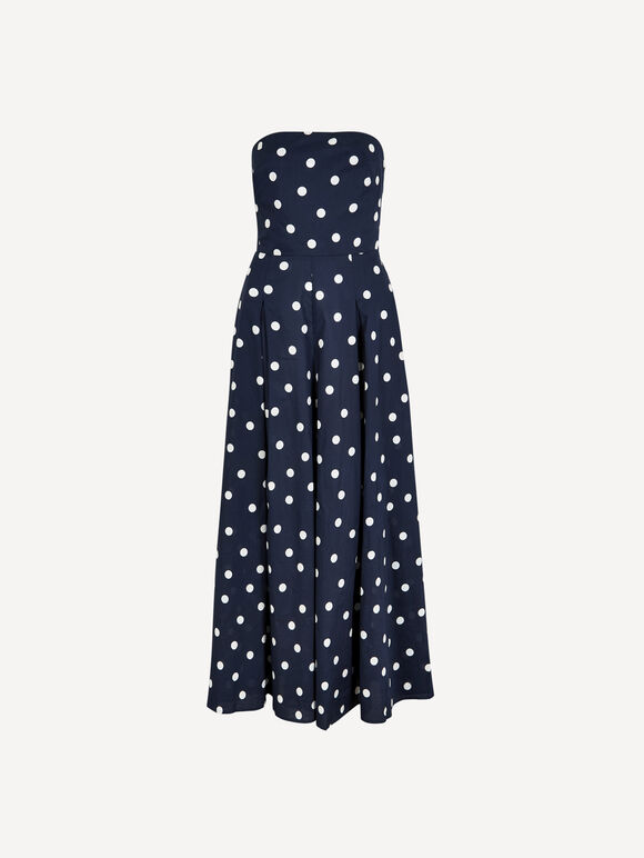Polka Dot Bow Back Wide-Leg Jumpsuit, Navy, large